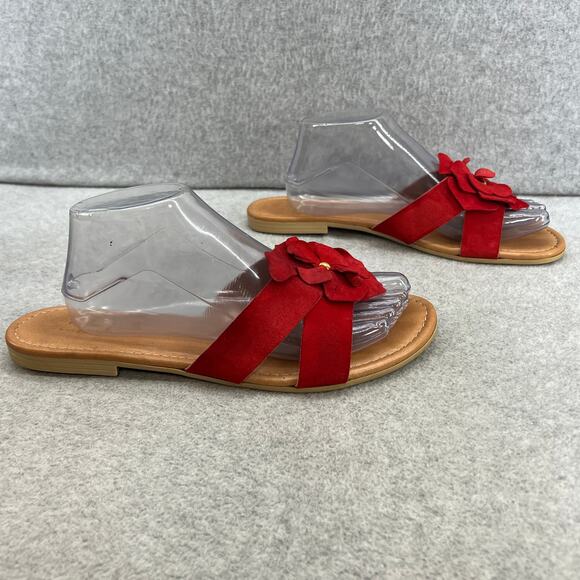 Mila Paoli Floral Suede Leather Slip On Flat Slide Sandal-Red Flower-Women 9.5 - Picture 6 of 13